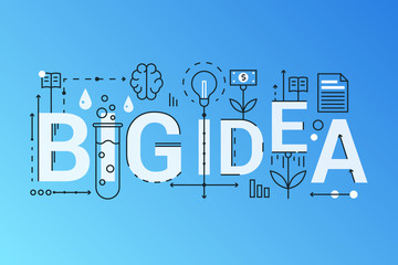 Poster - Big idea 2019 word trendy composition concept banner. Outline stroke big fresh idea, brainstorming, finding solution, creative thinking. Flat line icons lettering typography.