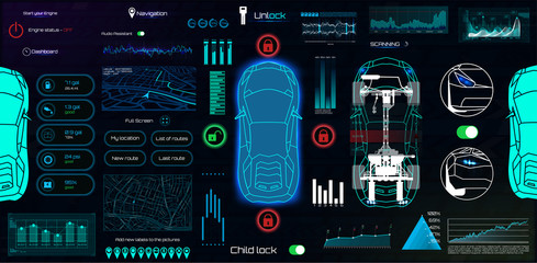 Wall Mural - application elements for car, futuristic style (hud). ui,ux, kit. set elements for mobile app, dark 