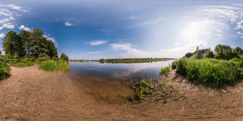 Wall Mural - full seamless spherical panorama 360 by 180 degrees angle view on the shore of width river neman in sunny summer day in equirectangular projection, ready VR virtual reality content