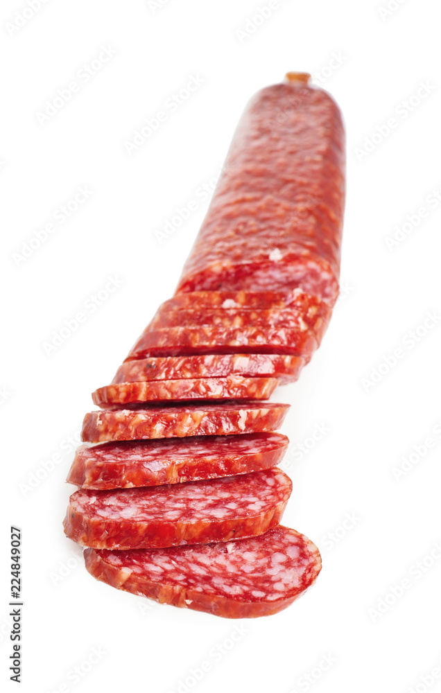 Tasty sliced smoked sausage on white background