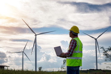 Wall Mural - Engineering man standing holding laptop looking wind turbines clean energy project for produce electricity and checking wind direction.