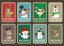 Merry Christmas And Happy New Year Vector Greeting Card Set.