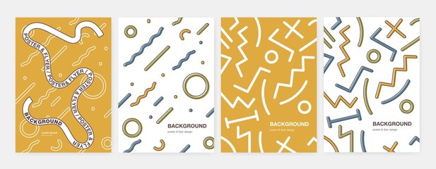 Fototapete - Bundle of modern vertical poster, flyer or card templates with abstract geometric shapes, curved and zigzag lines and place for text. Creative decorative vector illustration in 90s style.