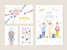 Collection Of Birthday Greeting Card, Postcard Or Party Invitation Templates With Happy People, Cake With Candles, Person Holding Bouquet Of Flowers. Colorful Flat Cartoon Vector Illustration.