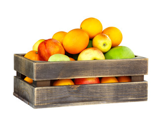 Wall Mural - Various types of fruit stored in wooden box on white background