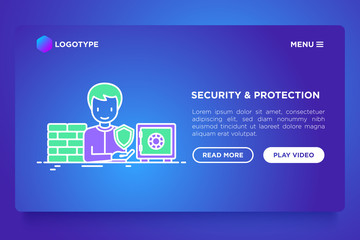 Wall Mural - security and protection concept with thin line icons: bank safe, firewall, antivirus. vector illustr