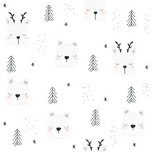 Winter Cute Seamless Pattern With Animals And Spruce Trees. Vector Hand Drawn Illustration.