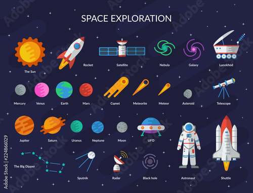 Fotografía Big space set: planets, the sun, comet, meteorite, rocket, ufo, satellite, astronaut, black hole, shuttle, radar, the Big Dipper, telescope, nebula, galaxy, lunohod