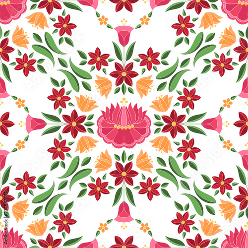Cotton fabric Hungarian folk pattern vector seamless. Kalocsa floral ethnic ornament. Slavic eastern european print isolated. Traditional embroidery flower design for vintage wedding invitation, gypsy textile.