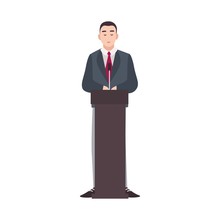 Politician, Government Worker, Presidential Candidate Standing On Rostrum And Making Public Speech