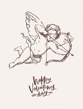 Greeting Card, Postcard, Festive Poster Template With Cute Cupid Holding Bow And Arrow And Aiming Or Shooting Hand Drawn On Light Background. Monochrome Vector Illustration For Valentine's Day.