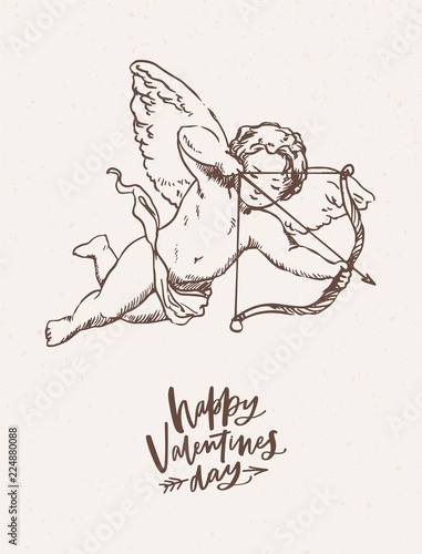 Cuadros en Lienzo Greeting card, postcard, festive poster template with cute cupid holding bow and arrow and aiming or shooting hand drawn on light background