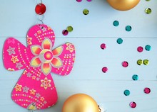Golden Christmas Balls And Pink Angel, Festive Holidays Concept  
