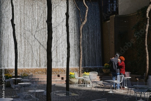 Fotografie, Obraz Man and woman watching the waterfall in Paley Pocket Park, midtown Manhattan, New York City, amid yellow tulips and white tables and chairs