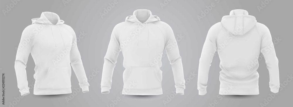 White men's hooded sweatshirt mockup in front, back and side view, isolated on a gray background. 3D realistic vector illustration, pattern formal or casual sweatshirt. - obrazy, fototapety, plakaty 