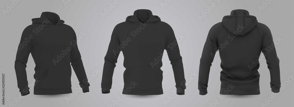 Black men's hooded sweatshirt mockup in front, back and side view, isolated on a gray background. 3D realistic vector illustration, pattern formal or casual sweatshirt. - obrazy, fototapety, plakaty 