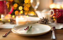 Christmas, Holidays And Eating Concept - Table Served For Festive Dinner At Home
