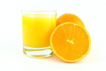 glass of orange juice and fresh orange fruits isolated on a white background