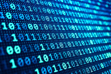 binary code background, information technology concept, blue digital data on computer screen