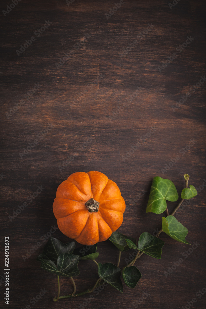 Pumpkins and leaves over wooden background copy space. Template fall ...