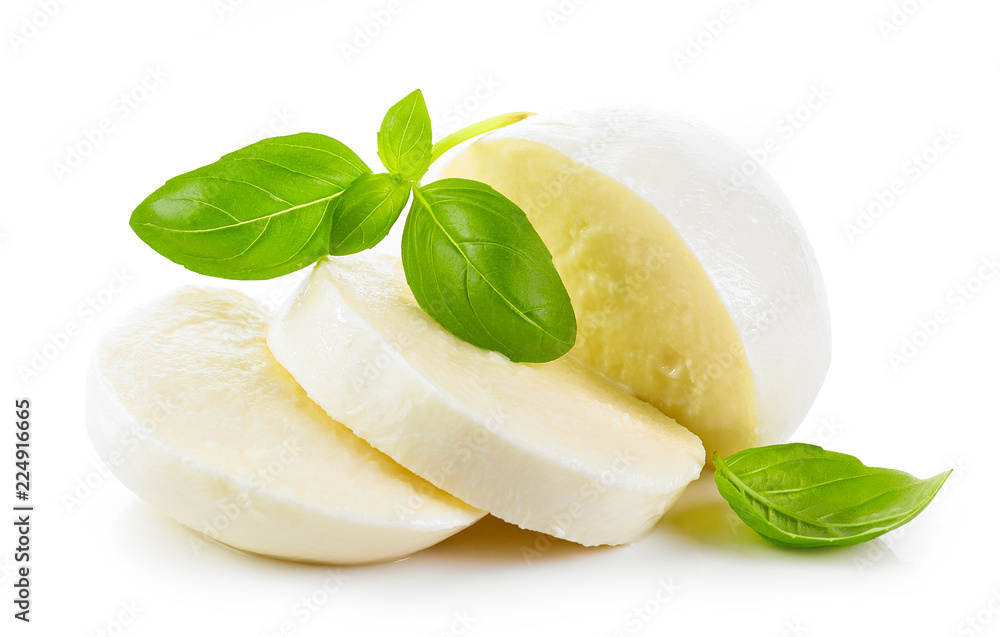 Mozzarella cheese on white background - obrazy, fototapety, plakaty 