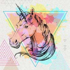 Hand drawing Hipster fantasy animal unicorn on artistic polygon watercolor background