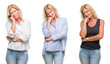 © Krakenimages.com - Collage of beautiful middle age blonde woman over white isolated backgroud thinking looking tired and bored with depression problems with crossed arms.
