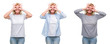 © Krakenimages.com - Collage of beautiful middle age blonde woman over white isolated backgroud doing ok gesture like binoculars sticking tongue out, eyes looking through fingers. Crazy expression.