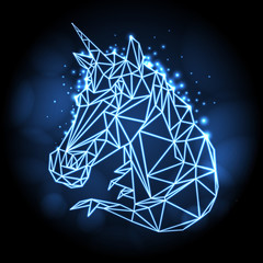 Wall Mural - Abstract polygonal tirangle fantasy animal unicorn neon sign. Hipster animal illustration.