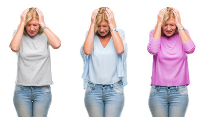 Canvas Print - Collage of beautiful middle age blonde woman over white isolated backgroud suffering from headache desperate and stressed because pain and migraine. Hands on head.