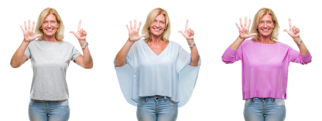 Sticker - Collage of beautiful middle age blonde woman over white isolated backgroud showing and pointing up with fingers number seven while smiling confident and happy.