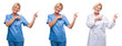 © Krakenimages.com - Collage of beautiful middle age blonde doctor woman white isolated backgroud smiling and looking at the camera pointing with two hands and fingers to the side.