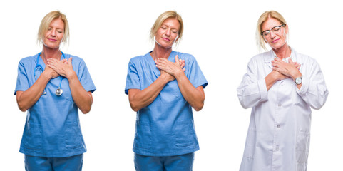 Sticker - Collage of beautiful middle age blonde doctor woman white isolated backgroud smiling with hands on chest with closed eyes and grateful gesture on face. Health concept.