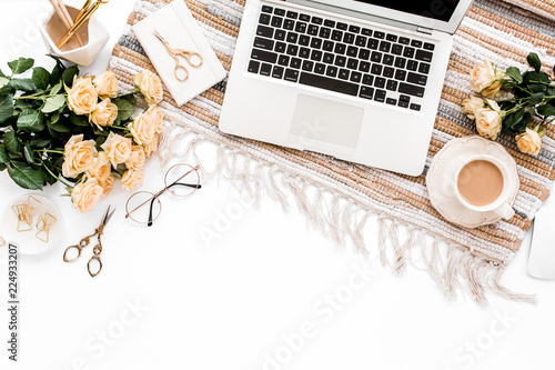 Female Workspace With Laptop Roses Flowers Bouquet Golden
