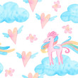©  OllyKo - Fairy tale watercolor illustration. Cartoon seamless pattern with unicorn collection. Magic cute baby backgrounds. Pegasus, sky, clouds, Stars, plants, flowers