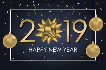 Wall Mural - 2019 Happy New Year background with gold gift bow, numbers, frame and golden confetti. Christmas holiday card or banner. Vector illustration.