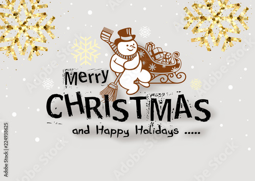 Christmas Illustration with Snowman and Shining Golden Snowflakes on White Sn...