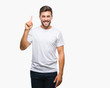 © Krakenimages.com - Young handsome man over isolated background showing and pointing up with finger number one while smiling confident and happy.