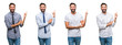 © Krakenimages.com - Collage of young man wearing casual look over white isolated backgroud with a big smile on face, pointing with hand and finger to the side looking at the camera.