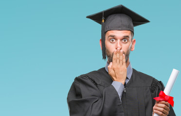 Poster - Young handsome graduated man holding degree over isolated background cover mouth with hand shocked with shame for mistake, expression of fear, scared in silence, secret concept