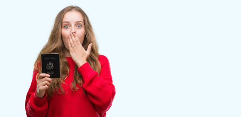 Sticker - Young blonde woman holding passport of United States of America cover mouth with hand shocked with shame for mistake, expression of fear, scared in silence, secret concept