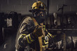 Firefighter wearing the protection clothes holding fire hose