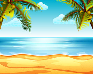 the tropical beach view with the sandy beach and two coconut tree in both sides 
