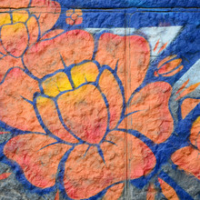 Fragment Of Graffiti Drawings. The Old Wall Decorated With Paint Stains In The Style Of Street Art Culture. Orange Flower