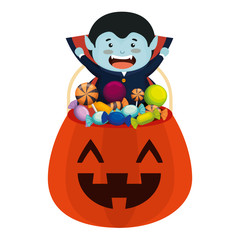 Poster - boy dressed up as a halloween dracula with candies