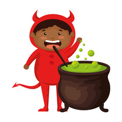 Poster - boy dressed up as a halloween devil with cauldron