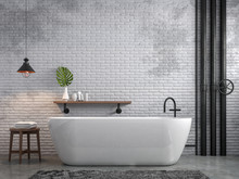 Industrial Loft Style Bathroom 3d Render,There Are White Brick Wall And Polished Concrete Floor Decorate With Black Steel Tube,Furnished Wood Furniture.