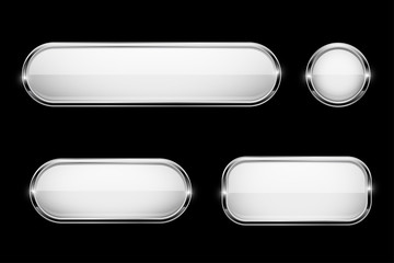 White glass buttons with chrome frame on black background. 3d icons