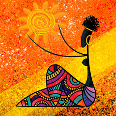 Wall Mural - African girl holds the sun digital painting canvas artwork original in warm colors