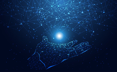 Wall Mural - modern abstract network science connection technology hands graphic design. on hi tech future blue b
